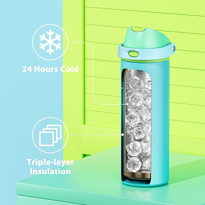 24 oz Insulated Water Bottle for Men: Meoky Stainless Steel Water Bottle with 2-in-1 Straw and Spout Lid - Leak Proof, Cold for 24 Hours, Fits in Car Cup Holder, BPA-Free for Sports Travel, Teal