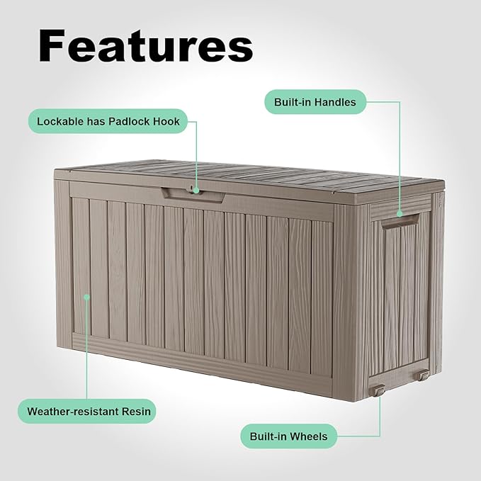 75 Gallon Outdoor Deck Box,Waterproof Resin Outdoor Storage Boxes, Outside Storage Lockable Container for Garden Tools,Indooor Cushions,Accessories (Grey)