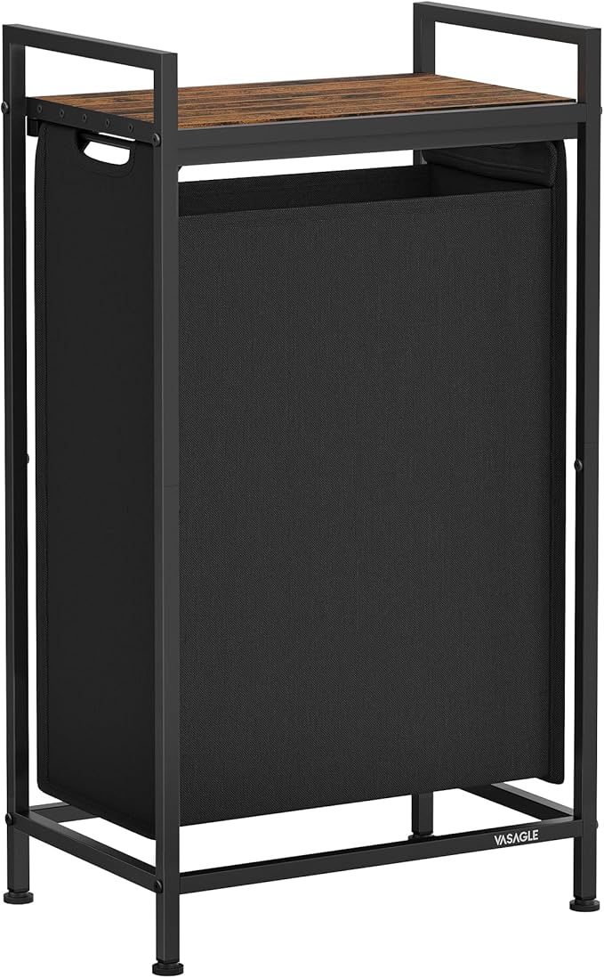 VASAGLE Laundry Hamper, Laundry Basket, Laundry Sorter with a Pull-Out and Removable Bag, Shelf, Metal Frame, 12.4 Gallons (47 L), 16.5 x 11 x 29.5 Inches, Ink Black and Rustic Brown UBLH001B01