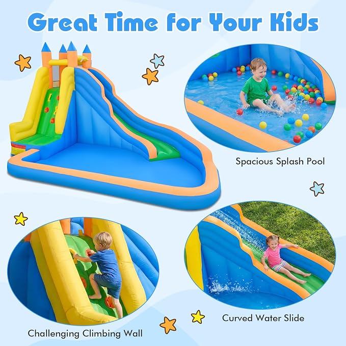 Costzon Inflatable Water Slide, Giant Bouncy Waterslide Park for Kids Backyard Outdoor Fun w/ 680w Blower, Climbing Wall, Splash Pool, 2-pcs, Blow up Water Slides Inflatables for Kids Party Gift