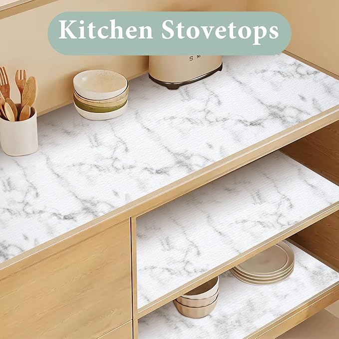 Drawer and Shelf Liner for Kitchen Cabinet: 17.3 in X 39.37Ft Non Slip Waterproof Shelf Paper Non Adhesive Refrigerator Liners White Marble Easy Liners for Bathroom with Knife Tape Measure