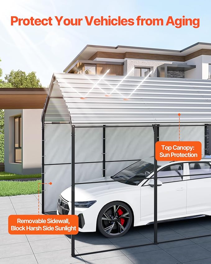 VEVOR Heavy Duty Metal Carport, 10' x 15' Outdoor Carport with Galvanized Steel Frame & Roof, Car Tent Garage Shade with Removable Sidewalls, Multi-Use Car Shelter for Pickup, Boat, Car & Tractors