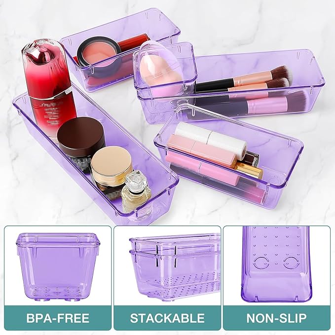 16 PCS Drawer Organizer Set, 5 Varied Size Bathroom and kitchen Drawer cabinet organizer Trays, Clear Storage Bins for Makeup, Jewelry, Utensils and Gadgets, Purple