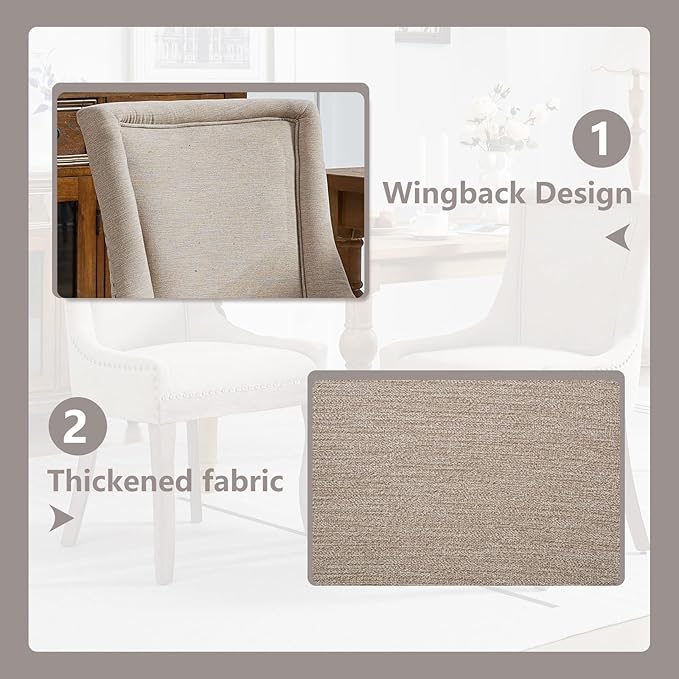 Modern Dining Chairs Set of 2, High Back Dining Chairs Side Chairs with Solid Wood Legs, Upholstered Fabric Dining Room Chairs for Dining Room Kitchen, Beige