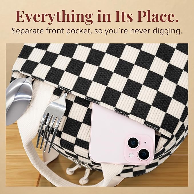 Insulated Black Checkered Lunch Bag for Women, Stylish Corduroy Tote with Aluminum Lining, Large Capacity Reusable Cooler for Work, Travel, or Beach, Beige Cream Water-Resistant Lunch Box