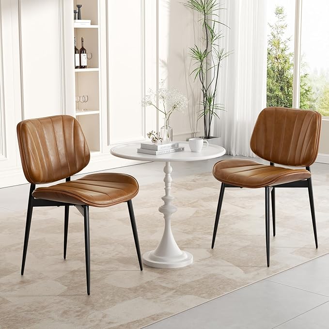 Dining Chairs Set of 2, Mid Century Modern Dining Room Chair, Upholstered Faux Leather Kitchen Chairs with Walnut Bentwood Back and Metal Legs for Kitchen Dining Room Living Room, Brown