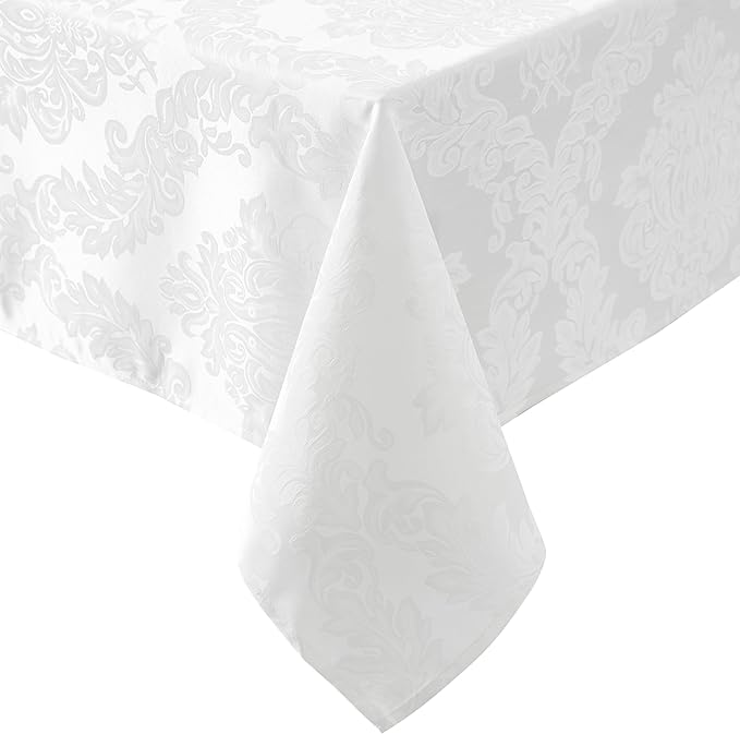 Newbridge Barcelona Luxury Damask Fabric Tablecloth, 60” Wide x 84” Rectangle, White, 100% Polyester, No Iron, Soil Resistant Dining Room, Party and Banquet Table Cover