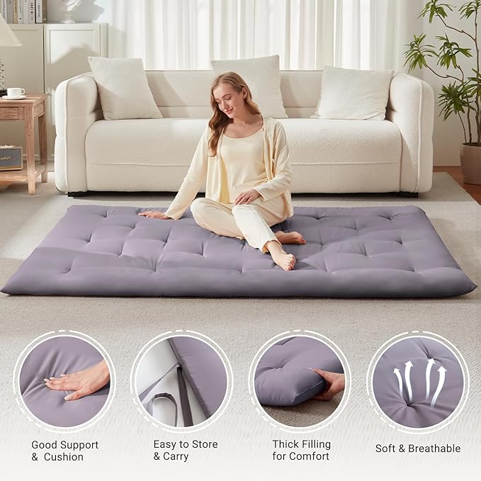 Japanese Floor Mattress, Futon Mattress Queen Size 60"x 80", 2.56" Thicken Tatami Mattress, Portable Foldable Floor Bed, Roll Up Futon Cushion, Suit for Camping Guest Room Dormitory (Grey)