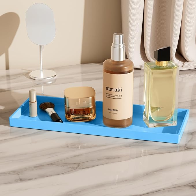 Vanity and Bathroom Tray, 15" ABS Countertop Organizer,Waterproof Vanity Tray for Toilet Tank,Perfume,Soap,Keys,Bathroom Accessories,Kitchen and Bath Trays,Non Slip Small Trays,Blue,2 Pack