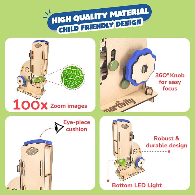 Smartivity Microscope 100x Zoom STEM Toy for Kids Age 8 to 14 Years Old | Cool Birthday Gifts Ideas for Boys & Girls | DIY Science Toys for 8,9,10,11,12,13,14 Years I Wooden Engineering Game