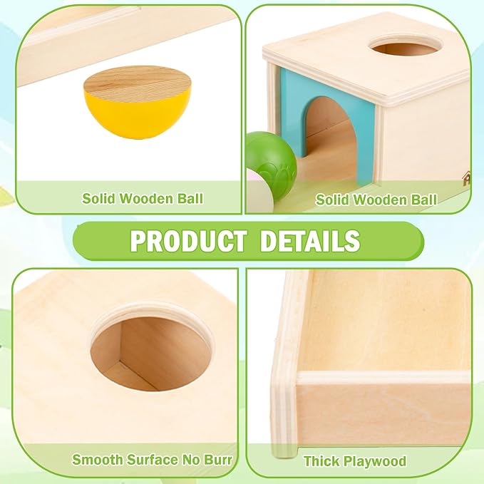Adena Montessori Wooden Toy for 6-12 Month Baby 3 Balls with Tray, Object Permanence Box Colorful Learning Education Toy for Toddler Kid 1-2 Year Old, Preschool Developmental Girl and Boy Gift