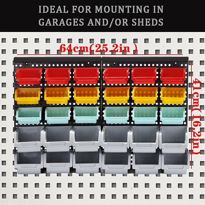 Wall Mounted Storage Bins Parts Rack 4 Colors Bin Organizer Garage Plastic Shop Tool, Garage Organizers and Storage (Style-Serene) 25.2"*16.2"