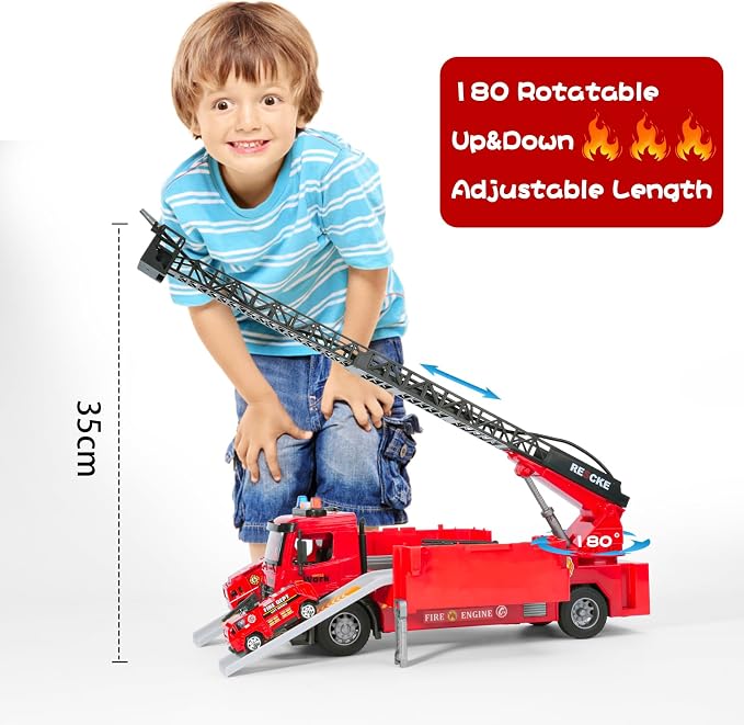 Toy Fire Truck Toddler Rescue Firetruck - Fire Engine Toy with Water Pump STEM Education Lights & Sounds Transformer Ejector Truck Car Race Track Kids Ages 3-5 6 7 8 Year Old Christmas Birthday Gift