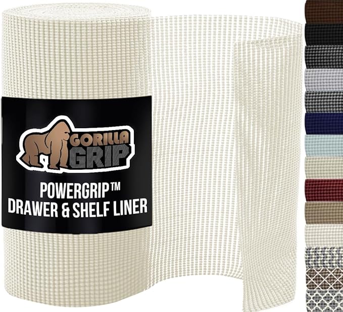 GORILLA GRIP powerGRIP Drawer Shelf and Cabinet Liner, Thick Strong Hold, Non-Adhesive Liners Protect Kitchen Cabinets and Cupboard, Bathroom Drawers, Easy Install, Breathable Mat, 12" x30' Snow White