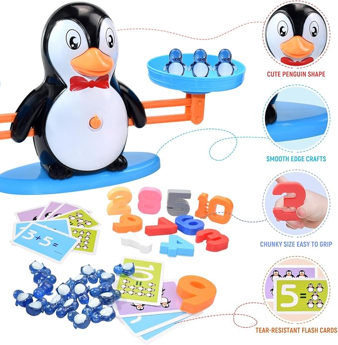 BAKAM Penguin Balance Scale Number Counting Blocks Games for Kids Ages 3-5, Montessori Math Games for Kids 5-7, Preschool Kindergarten Learning Activities, STEM Educational Toys for 3+ Year Old