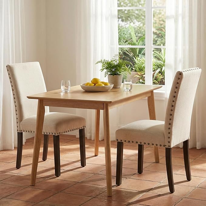 Furniliving Upholstered Wood Dining Chairs High Back Dining Room Chairs with Wooden Legs for Kitchen Dining Room Living Room. (Beige, Set of 2)