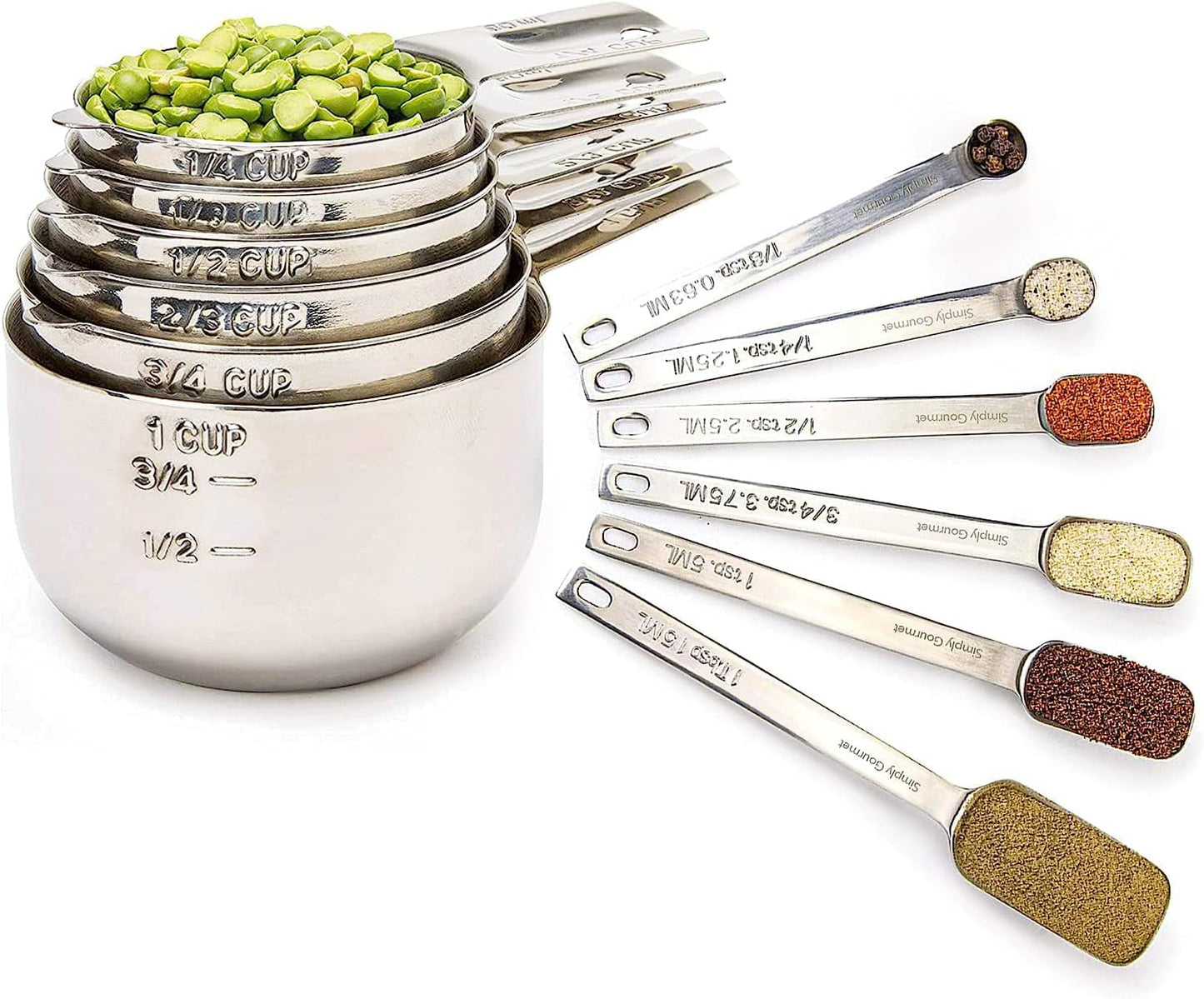 Simply Gourmet Measuring Cups and Spoons Set of 12 – Stainless Steel Kitchen Gadgets – Stackable Design with Long Handle Spoons – Fits in Jars – Cooking & Baking Measuring Set for Dry & Liquid