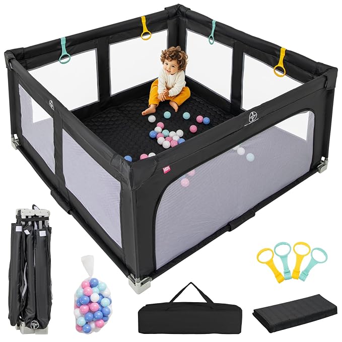 INFANS Foldable Baby Playpen with Mat, 59” x 59” Large Baby Play Yard for Infant with 50 Ocean Balls, 4 Handlers, Carry Bag, Indoor Outdoor Fence Toddler Activity Center (Black, 59” x 59”)