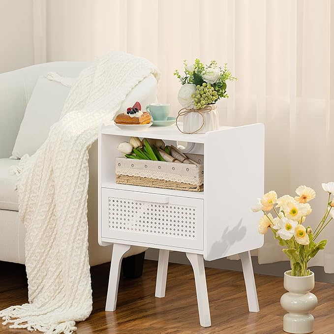 Lerliuo Rattan Nightstand with Charging Station, Side Table with Drawer Open Shelf, Cane Accent Bedside End Table with Solid Wood Legs, Night Stand for Bedroom, Dorm and Small Spaces (White)