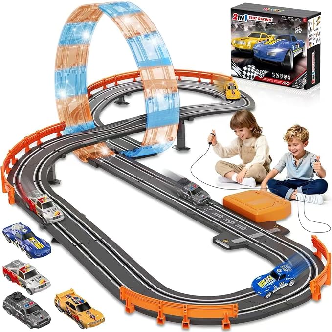 Slot Car Race Track Sets for Boys Age 4 5 6 7 8-12, Electric Race Car Track with 4 High-Speed Racing Car, Dual Racing Game Lap Counter Circular Overpass Track, Christmas Birthday Gifts Toys for Kids