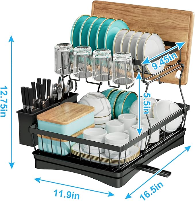 7 code Large Dish Drying Rack for Kitchen Counter, Detachable Large Capacity Dish Drainer Organizer, 2-Tier Dish Racks with Utensil Holder, Black