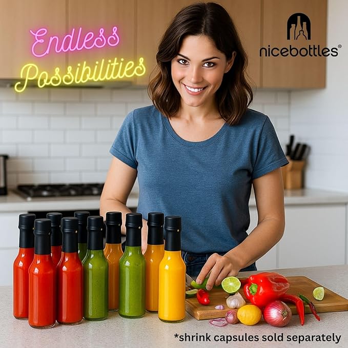 Hot Sauce Bottles with Shrink Bands, 5 Oz (Red Caps, 12 Pack)