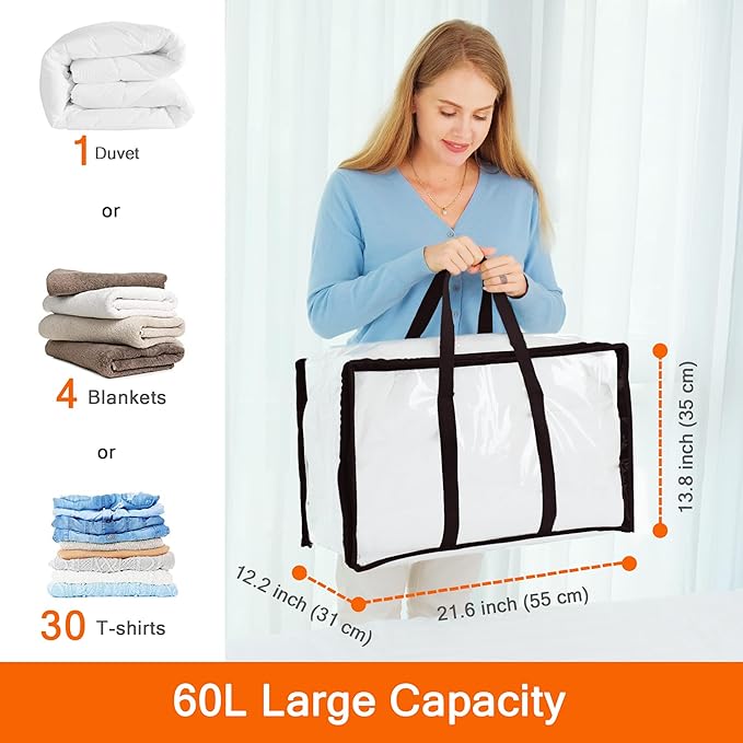 Vieshful 7 Pack Clear Comforter Storage Bag, 60L Clothes Storage Bag with Zipper Closet Organizer, Plastic Storage Containers Moving bags for Comforter, Blanket, Bedding, Duvet, Toys