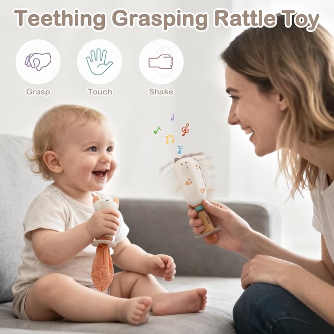 Baby Rattles - Teething Toys 3-6 Months, Baby Toys 0-6 Months, Sensory Toys for Newborn Babies, Rattles for Babies 0-6 Months, Neutral Color Baby Shower Gift (3PCS)