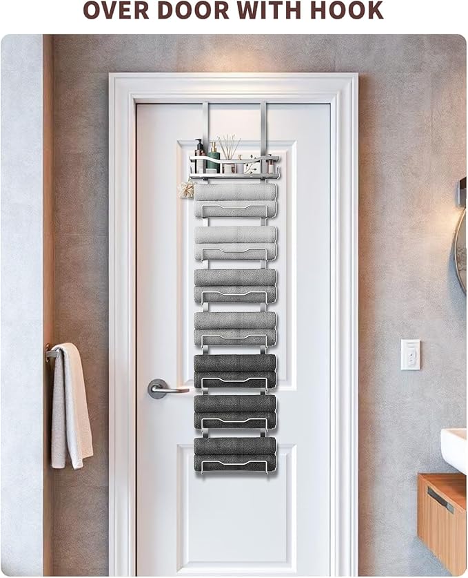 Hanging Towel Racks for Bathroom No Drill - Over The Door 8-Tier Bath Towel Storage Organizer for Small Bathrooms - Back Door Large Tiered Towel Holder Hanger for Rolled Towels RV Camper Silver