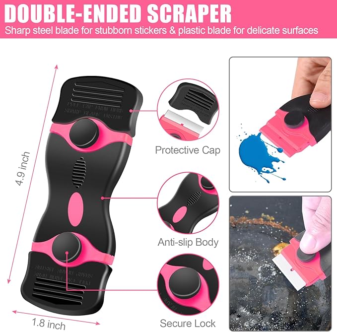 4 Pack Razor Blade Scraper, Premium Cleaning Scraper Tool with 50 PCS Metal & Plastic Razor Blades, Multi-Purpose Glass Scraper for Windows, Sticker, Decals, Cooktop, Paint Removal (Pink)