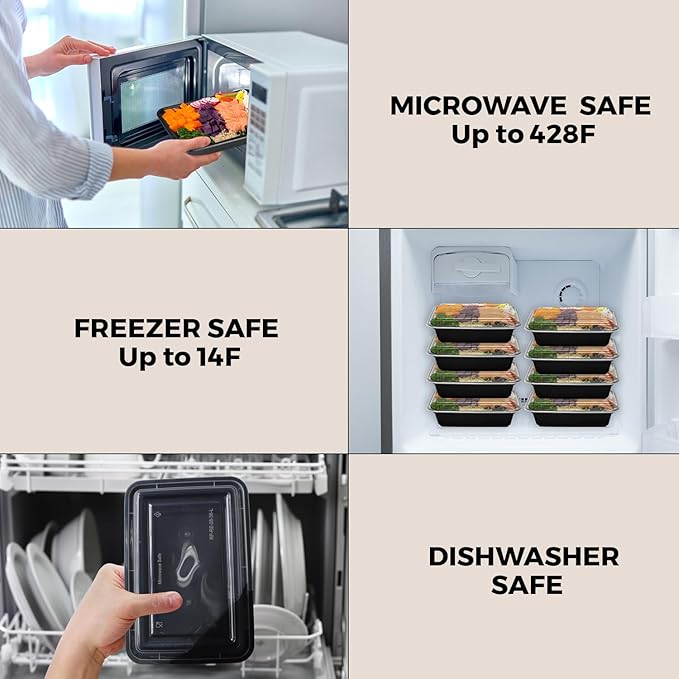 Klex 38 Oz, 150 Sets Meal Prep Containers with Airtight Lids, BPA Free, Reusable Plastic Food Container, 38 oz, Rectangular, Black/Clear, 150 Sets