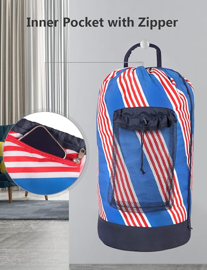 Dalykate Backpack Laundry Bag with Shoulder Straps and Mesh Pocket Durable Nylon Clothes Hamper Bag with Drawstring Closure for College, Travel, Laundromat, Apartment