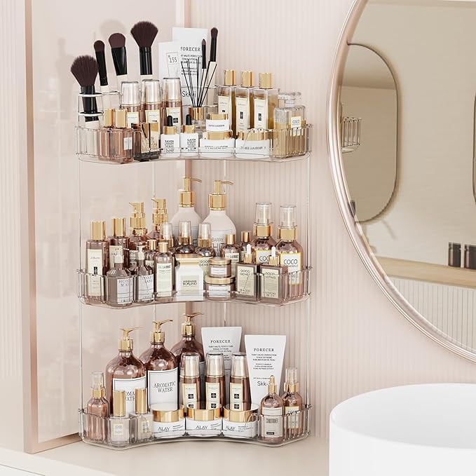 3-Tier Corner Bathroom Counter Organizer with Top Toothbrush Holders,Large Makeup Organizer Countertop with Brush Holder,Skincare Organizers Corner,Exquisite Vanity Organizer (Clear, 3 Tier)