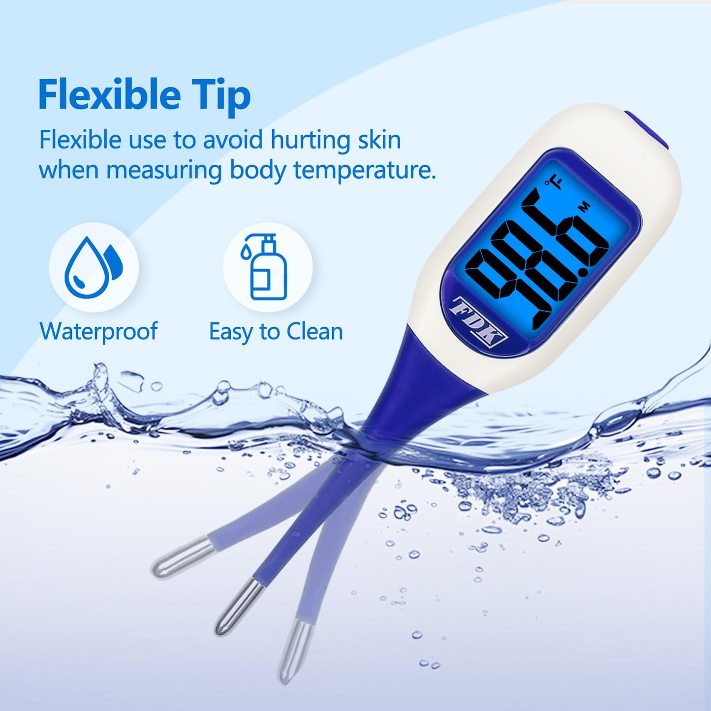 Large LCD Screen Digital Thermometer for Fever, 10 Seconds Fast & Accurate Readings, Large LCD Dual Color Backlight Flexible Tip Ideal for Adults Kids and Babies