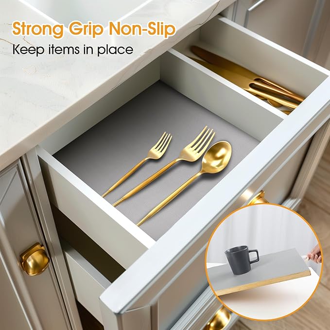 Shelf and Drawer Liner for Kitchen Cabinets Non-Adhesive, Strong Grip Non-Slip Thickened Cabinet Liners for Shelves, Waterproof Mats for Dresser Cupboard, Pure Gray, 17 in x 20 Feet