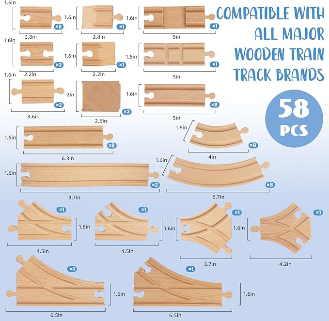 Wooden Train Tracks 58 Piece Set, Track Expansion and 9 Distinct Pieces - 100% Compatible with All Major Brands Including Thomas Wooden Railway System