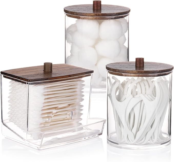 Tbestmax Qtips Dispenser Bathroom Container, 10/12 oz Big Cotton Ball Holder, Apothecary Jar Organizer for Storage Cotton Swab, Round Pads, Floss Picks (Brown Wood Lids)