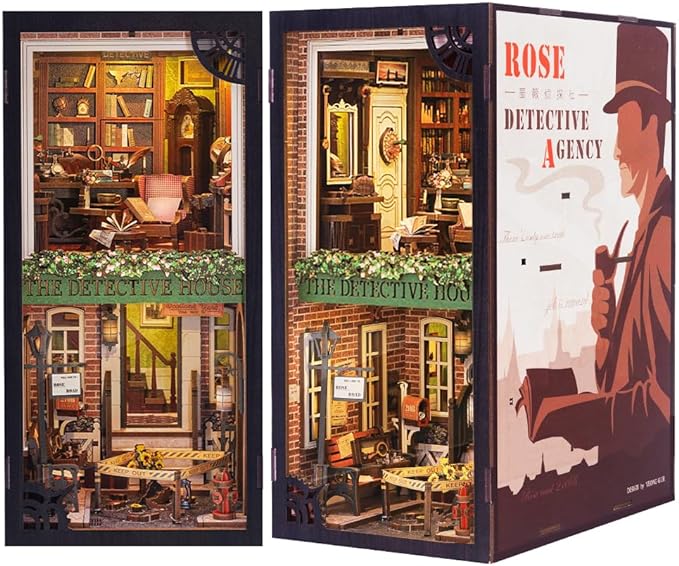 Cutefun Book Nook Kit, DIY Miniature Dollhouse Booknook for Adults, 3D Wooden Puzzle Bookend Bookshelf Insert Decor with LED Light, Gift for Craft Lovers (Rose Detective Agency)