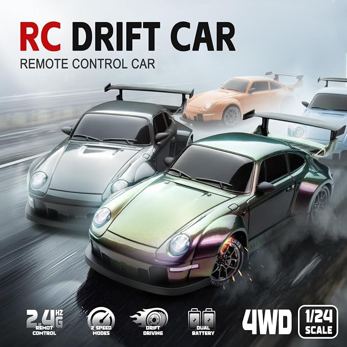 RC Drift Car, 1/24 Widebody Gradient Remote Control Drift Car for Adults Kids, 20KM/H 4WD Low/High Speed RC Cars with LED Lights, Extra Racing Tires, Vehicle for Beginners Indoors Outdoors