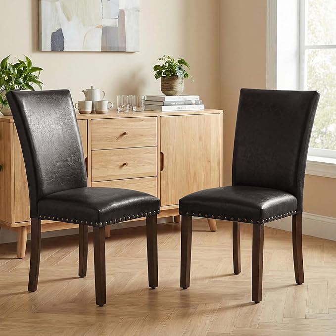 Furniliving Upholstered Dining Chairs Set of 2 - PU Leather Modern Farmhouse Kitchen Chairs, High-Back Dining Room Chairs with Wooden Legs for Kitchen Dining Room Living Room.Brown