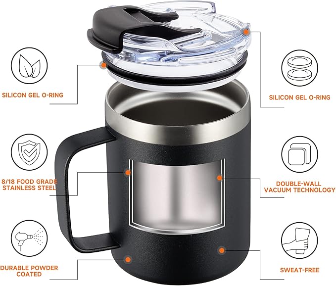 ALOUFEA 12oz Stainless Steel Insulated Coffee Mug with Handle, Double Wall Vacuum Tumbler Cup with Fliping Lid, Black, 4 Pack