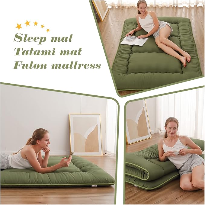 Japanese Floor Mattress, Futon Mattress with Portable Storage Bag and Washable Cover, Roll Up Thick Tatami Mat Suitable for Camping, Guest Room, Green, Twin