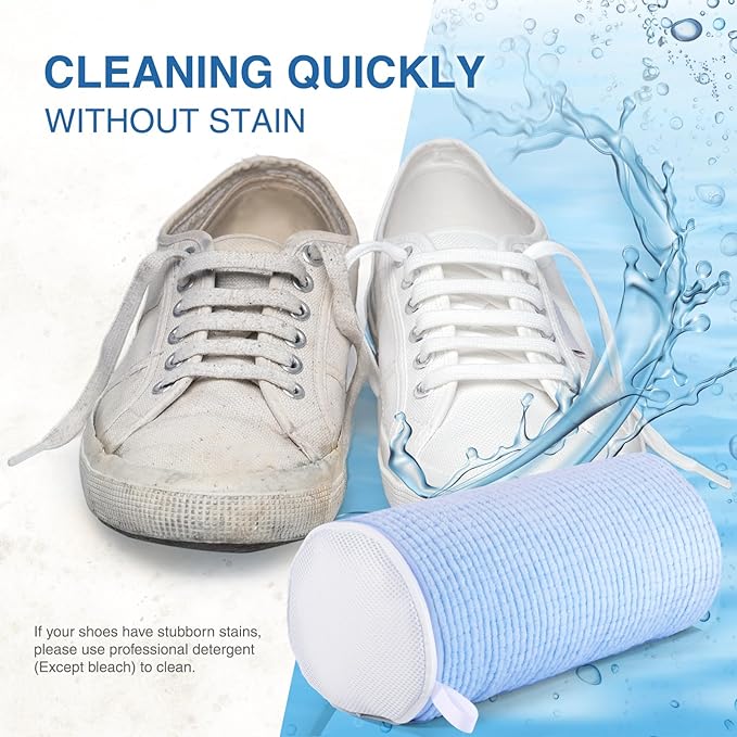 Shoe Washing Machine Bags, Reusable Laundry Bag for Washer and Dryer, Durable Fluffy Fiber Keep Clean, 2 Pairs Adjustable Trees for All Shoes, Blue