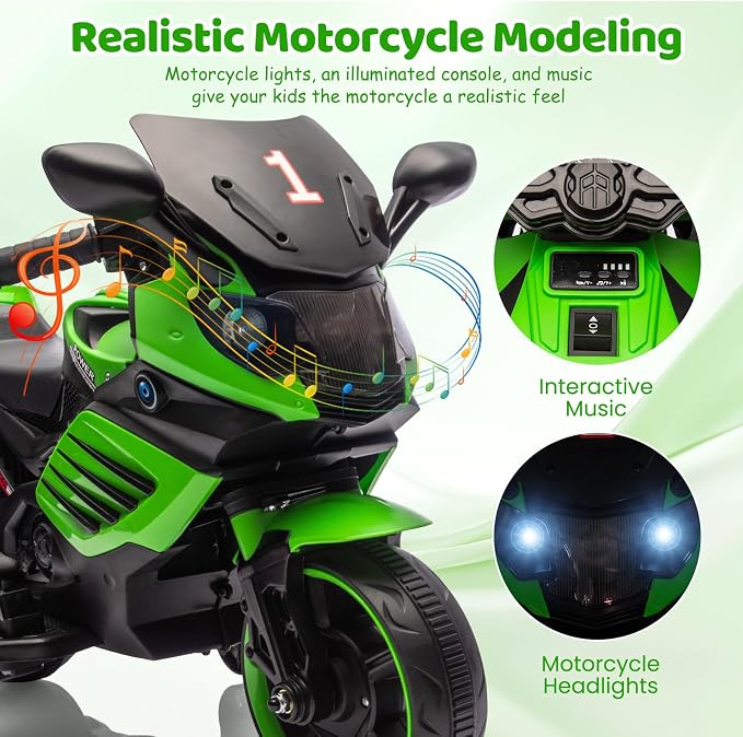 Kids 6V Ride On Motorcycle, Battery Powered Ride On Toys w/Treaded Tires, Working Headlight, Horn, Music, Training Wheels, Stable Electric Toddler Motorcycle for Kids, Gift for Boys Girls, Green
