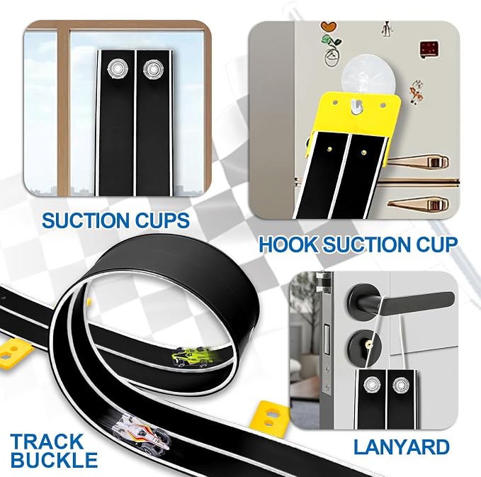 Flexible Race Track Toys for Kids, 15 Ft Double Lane Racetrack with 4 Cars & Suction Cups, Compatible with Hot Wheels & 1/64 Diecast Cars, Portable Roll Up Car Ramp Track Set for Ages 3+(White&Black)