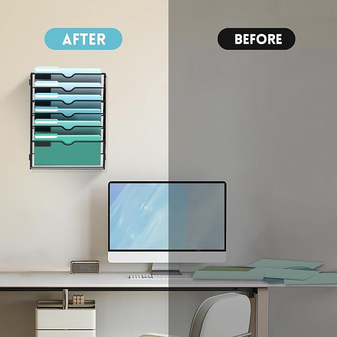 SUPEASY 6-Tier Wall File Organizer, Hanging Wall Files for Papers, Folders, Magazines, Wall Organizer for Clipboard, Assembly Needed, Black, 2 Pack