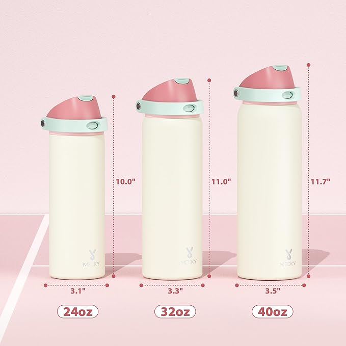 32 oz Insulated Water Bottle with Straw: Meoky Stainless Steel Metal Water Bottle with 2-in-1 Lid - Leak Proof, Cold for 24 Hours, Protective Silicone Base, BPA-Free for Sports Gym, Cream