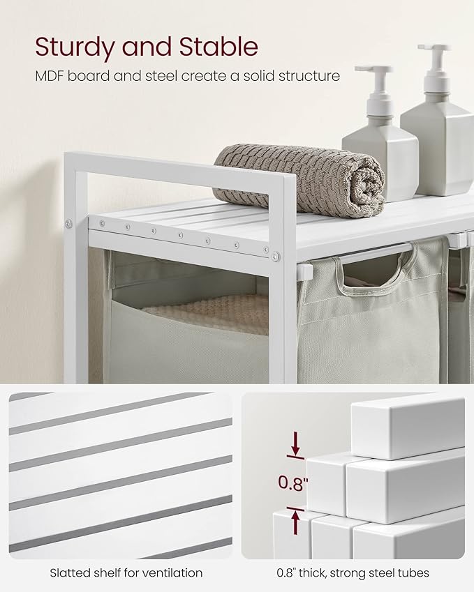 VASAGLE Laundry Hamper, Laundry Basket, Laundry Sorter with 3 Pull-Out and Removable Bags, Shelf, Metal Frame, 3 x 10.6 Gallons (40 L), 36.4 x 13 x 28.4 Inches, Cream White and Cloud White UBLH301W01