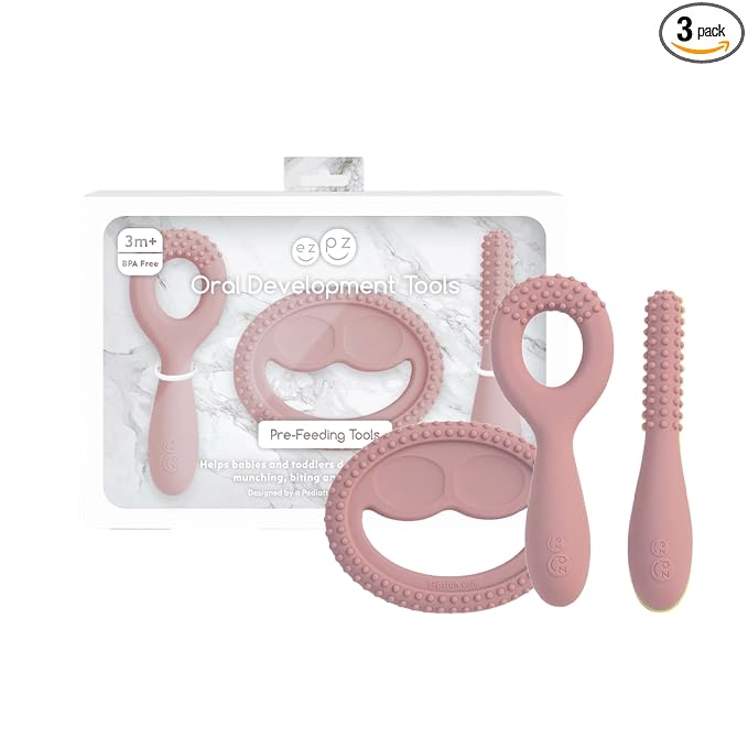 ezpz Oral Development Tools (3 Pack in Blush) - 3 Months+ - Non-Slip Loop, Smile and Stick 100% Silicone Tools - Prepare for Chewing + Solids - Baby-Led Weaning Supplies
