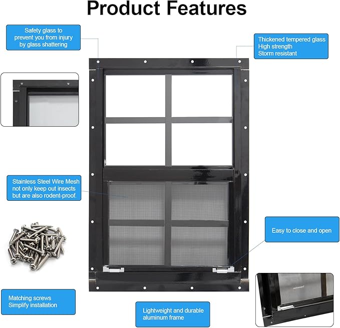 NeatiEase Upgraded Shed Windows 2 Pack, 30" x 30" Windows with Tempered Glass and Stainless Steel Screen for Shed, Chicken Coop, Playhouse, Household, Garage(Black)